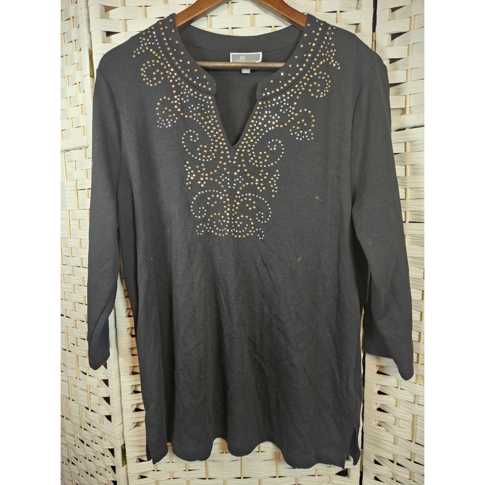 JM Collection Womens XL Black Blouse Gold/Silver Studs Holiday Party Eveningwear
